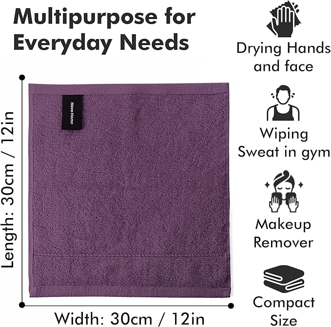 Face Towels Pack of 12 – 100% Cotton Wash Cloths (12x12 inch) – Soft, Quick Dry & Highly Absorbent Hand Towels for Bathroom, Spa, Gym, Kitchen and for Daily Use - (Dark Purple)
