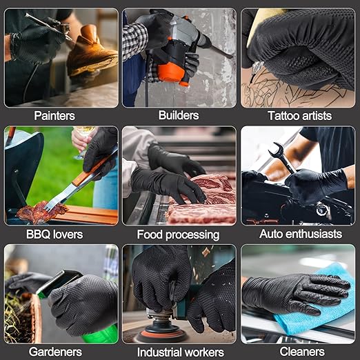 10mil Heavy Duty Nitrile Gloves,Black Disposable Rubber Gloves with Diamond Grip Anti Chemical Puncture Resistant Mechanics Guantes for Men/Auto repair/Cooking/Food Grade-Latex Free-Medium 100