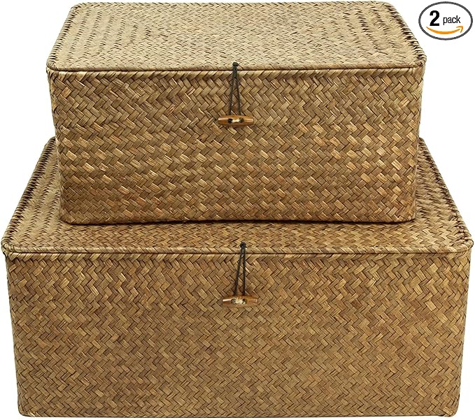 Shelf Storage Baskets with Lid, 2-Pack Wicker Storage Bakset, Woven Seagrass Decorative Boxes Storage Basket, Coffee Large+XXLarge