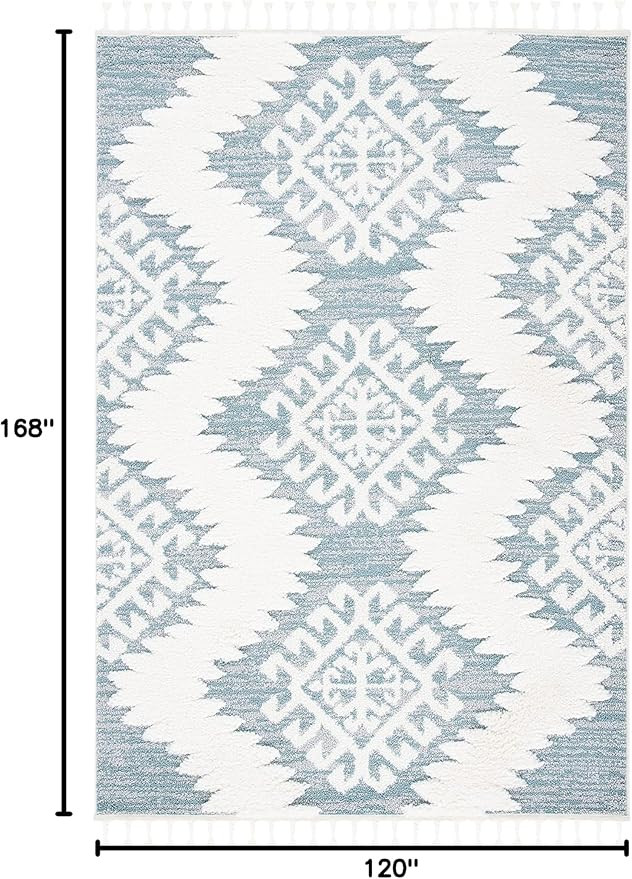SAFAVIEH Moroccan Tassel Shag Collection Area Rug - 10' x 14', Teal & Ivory, Boho Rustic Trellis, Non-Shedding & Easy Care, 2-inch Thick Ideal for High Traffic Areas in Living Room, Bedroom (MTS652K)