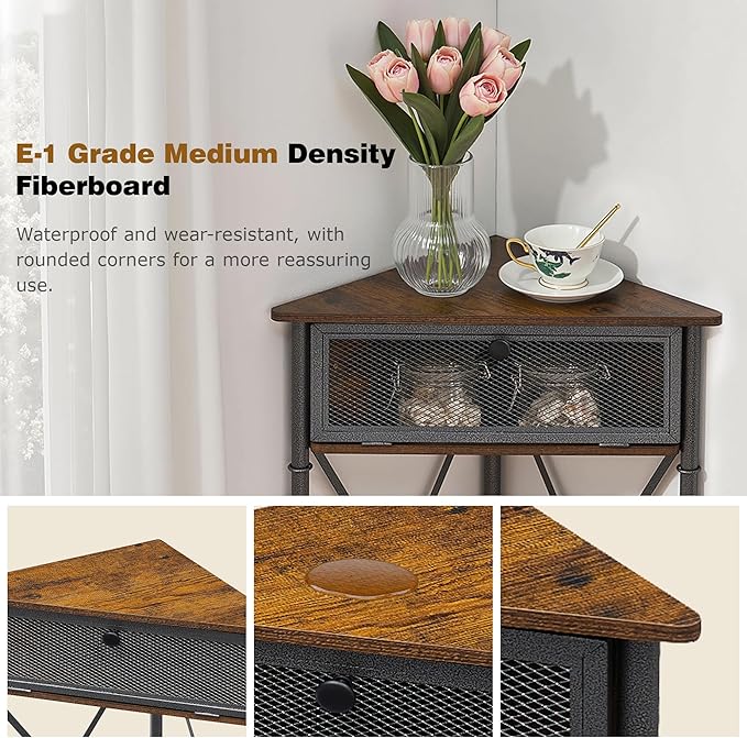 VECELO 3 tier Corner Table/Cabinet with Flip Door and Storage Shelves, Free-Standing Organizer for Compact Space in Living Room/Study/Lobby/Bedroom,Industrial