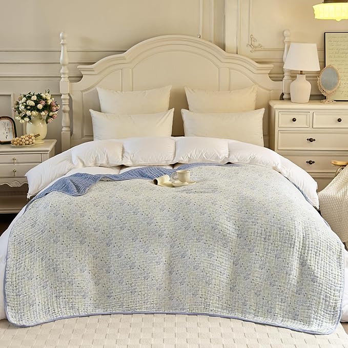 Muslin Blankets 100% Cotton 6-Layer Gauze Floral Pattern Throw Blanket Lightweight Soft and Breathable Queen Bed Blanket for Sofa Couch Bed Coverlet Both Sides (Leaves Purple, Queen 90" X 90")