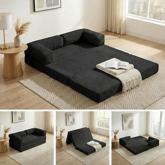 Convertible Sofa Bed Full,5-in-1 Tri-Fold Boneless Couch with Removable Armrests & Handle,Corduroy Futon Sleeper Sofa,Floor Folding Mattress Pull Out Bed for Small Space Apartment Living Room Bedroom