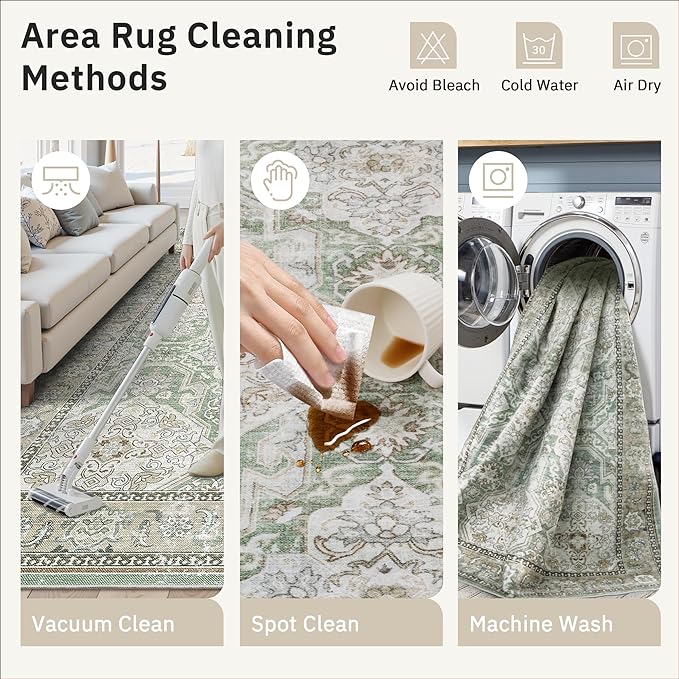 9x12 Area Rugs for Living Room, Non Slip Machine Washable Vintage Rugs, Low Pile Lightweight Large Rug for Bedroom, Dining Room, Home Office Green/Brown