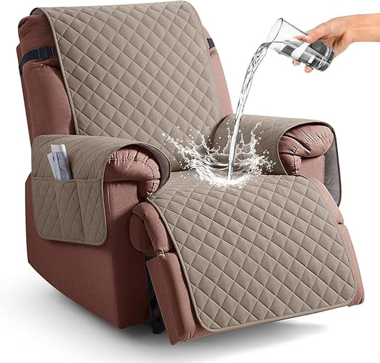 KinCam 100% Waterproof Recliner Chair Cover, Reclining Couch Covers for Pets, Dogs, Recliner Couch Slipcover Furniture Protector with Elastic Straps for Kids(23.6", Taupe)