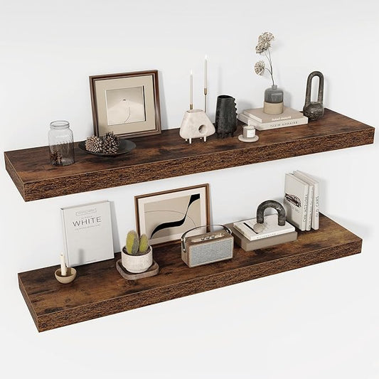 48 Inch Floating Shelves, 12" Deep Floating Shelf Wall Mounted, 48" Wall Shelves, Rustic Deep Bookshelf, Extra Deeper & Thicker Display Shelves for Bedroom, Living Room, Brown, Set of 2