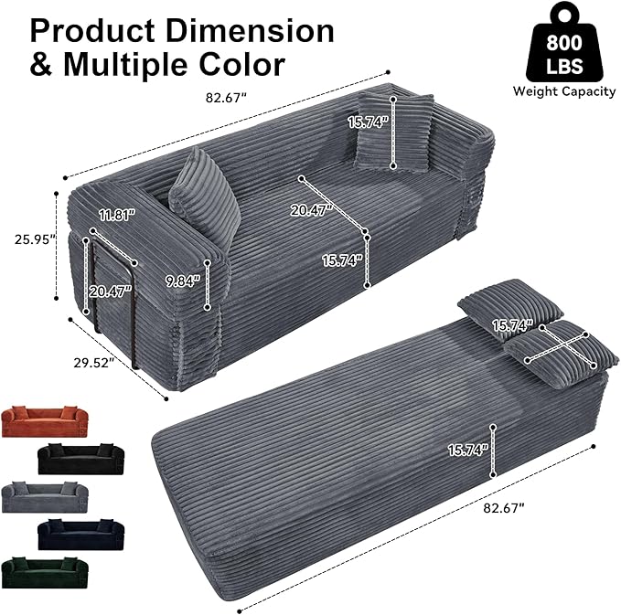 83'' Boneless Couch in A Box, No Assembly Needed Sofa Bed Couch 3 Seater Corduroy Modern Cloud Sofa 29'' Deep Seat with 2 Pillows & Removable Backrest for Living Room, Bedroom, Apartment, Gray | No Assembly Needed, High Density Foam, Removable Backrest...