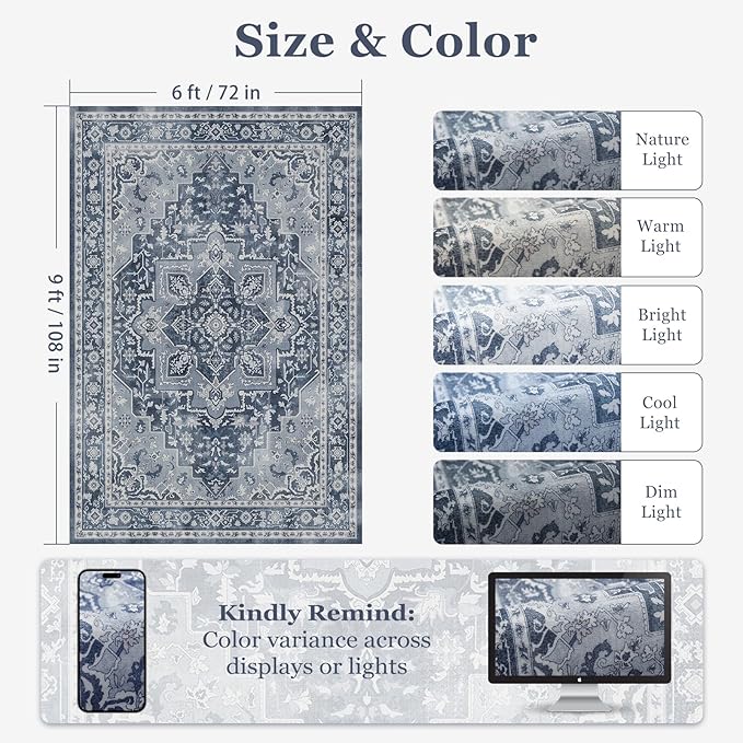 Blue Gray Living Room Rug 6x9, Washable Non Slip Transitional Medallion Rug for Dining Room Under Table, Modern Vintage Distressed Low Pile Thin Carpet Rugs for Den Bedrom Home Office