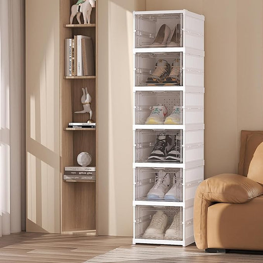 Foldable Shoe Storage Organizer, Stackable Boxes for Closet, Foldable Space-Saving Shoe Rack for Sneaker Boot Container, Acrylic Shoe Cabinet Shoe Box（6 Pack,White