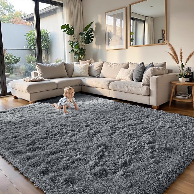 Fluffy Rug Shaggy Area Rug, Grey 10x14 Area Rugs for Bedroom, Super Soft Shaggy Rugs for Living Room Bedroom Kids Room Home Decor, Upgrade Anti-Skid Rectangular Fuzzy Rug