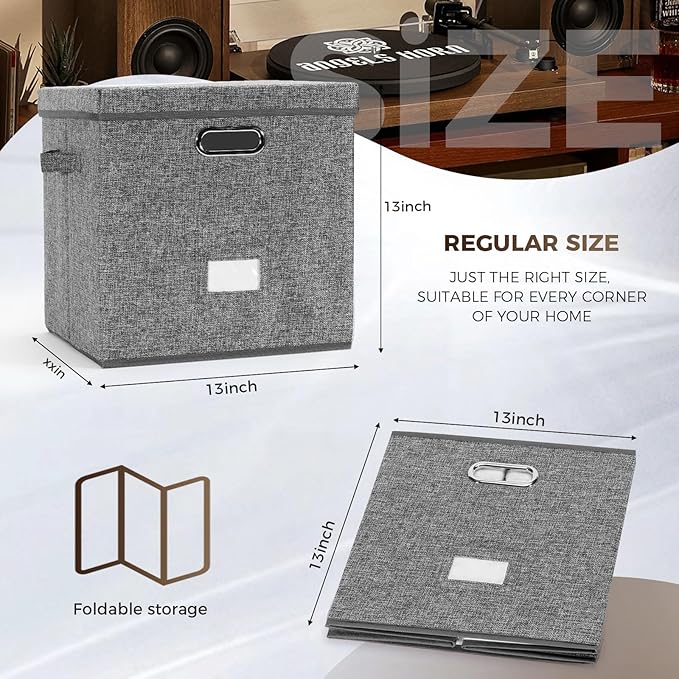 Sturdy Vinyl Record Storage Box - Album Storage Holds up 50+ Single Record, LP Storage Organizer Crate With Lid, Decorative Moving Box For Records, Solutions to Protect Your Precious Collection Grey