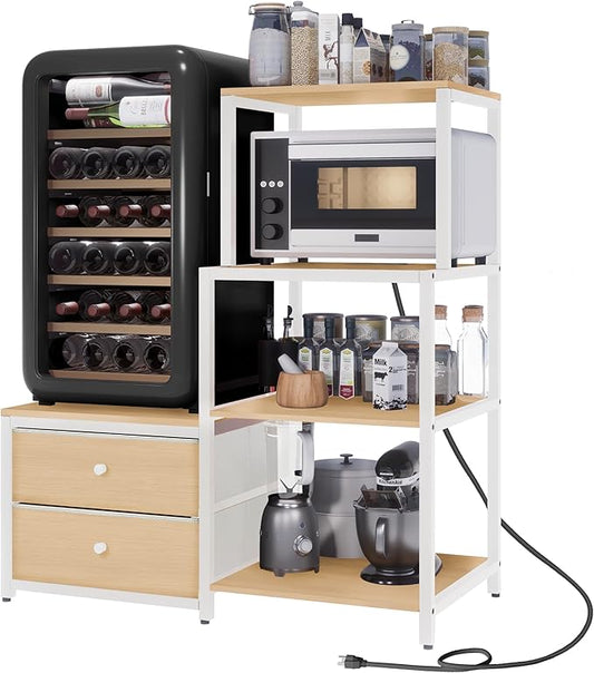 Mini Fridge Stand with Storage, Microwave and mini Fridge Stand with Power Outlet, Coffee Bar,Kitchen Baker,for Dorm,Office(Oak)