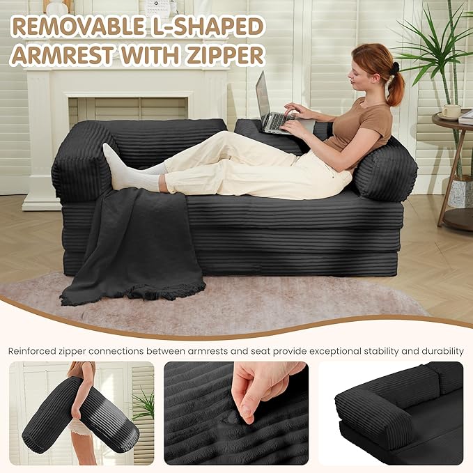Convertible Sofa Bed King,5-in-1 Folding Boneless Couch Corduroy Futon Sofa Bed,Tri-Fold Mattress with Removable Armrests & Handle,Sleeper with Pull Out Bed for Small Space Living Room Bedroom