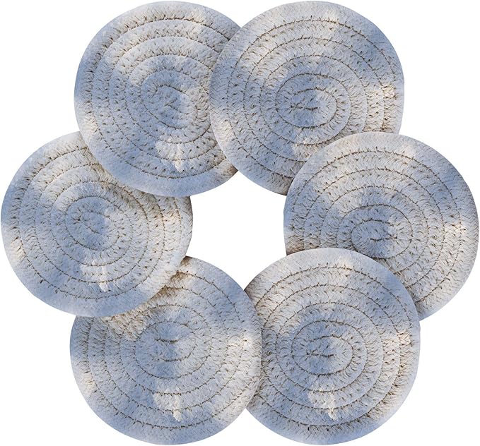 Handmade Cotton Absorbent Coaster Set of 6, Sea Drink Coasters, Minimalist Home Decor for Coffee Table, Kitchen, Housewarming and Wedding Registry Ideas