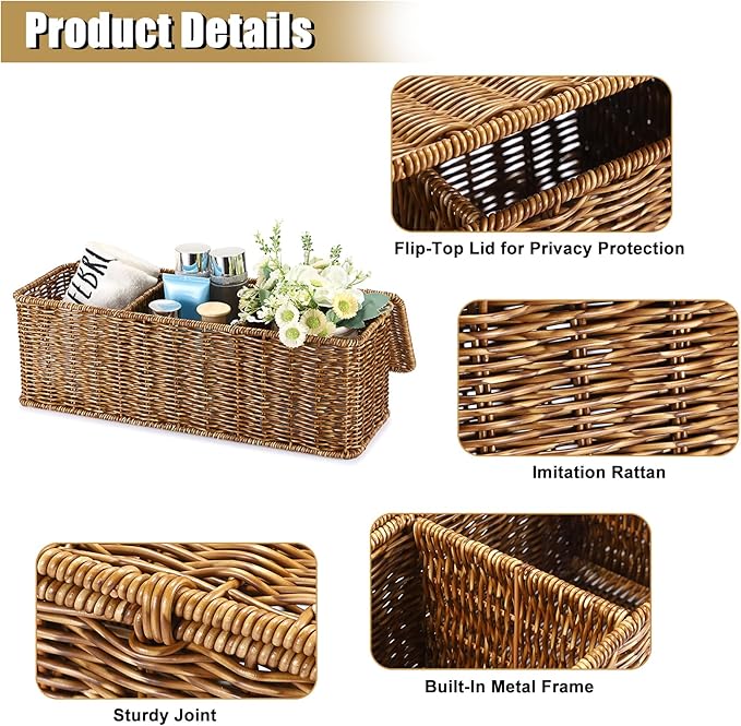 Sumnacon Wicker Storage Basket with Lid, Rectangular Narrow Baskets for Bathroom, Farmhouse Imitation Rattan Bin with Dividers, Decorative Handwoven Tray Organizer for Countertop Shelves Toilet Tank