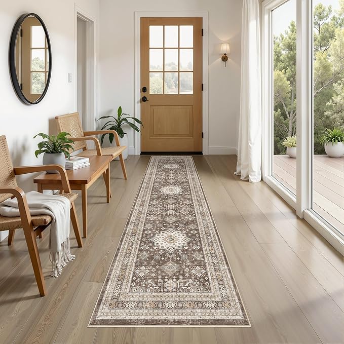 Vintage Hallway Runner Rug 2x8: Large Soft Washable Entryway for Kitchen Laundry Room Non-Slip Backing Runner for Entrance Living Room Bedroom Bathroom - Dark Brown