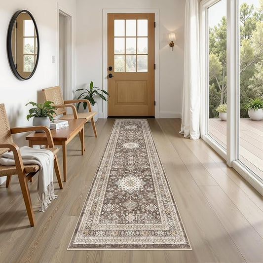 Vintage Hallway Runner Rug 2x8: Large Soft Washable Entryway for Kitchen Laundry Room Non-Slip Backing Runner for Entrance Living Room Bedroom Bathroom - Dark Brown