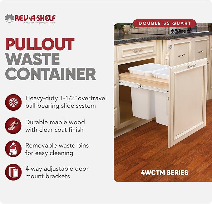 Rev-A-Shelf Top Mount Double Pullout Under Cabinet 35 Quart Kitchen Trash Cans with 150 Pound Rated Full-Extension Slides, 4WCTM-21DM2
