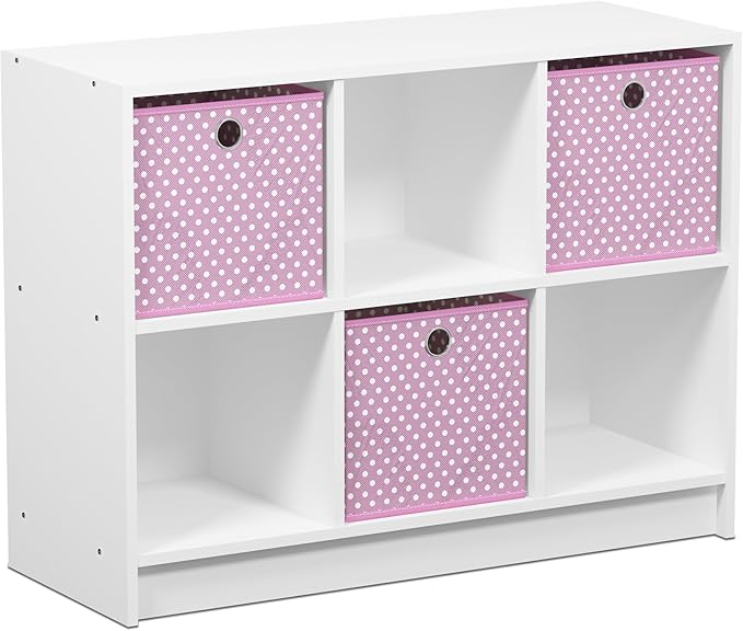 Furinno BASIC Book Shelf, 6-Cube Bookshelf with Open Shelf, 3 x 2 Bookcase with Storage Bins, Closed Back, Horizontal, 11.9" x 31.6" x 23.6", for Living Room, Bedroom, Home Office, White/Pink
