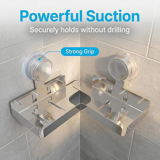 Stainless Steel Shower Shelf 2-in-1 20" Straight & L-Shaped Corner Mount – Heavy Duty Suction Cup Organizer, No-Drilling Fits Behind Faucet, Rustproof Wall Caddy for Bathroom Kitchen Shower Storage