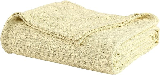 Beatrice Home Fashions Grand Hotel Lightweight All-Natural 100% Cotton Waffle Weave Blanket, Full/Queen, Lemon