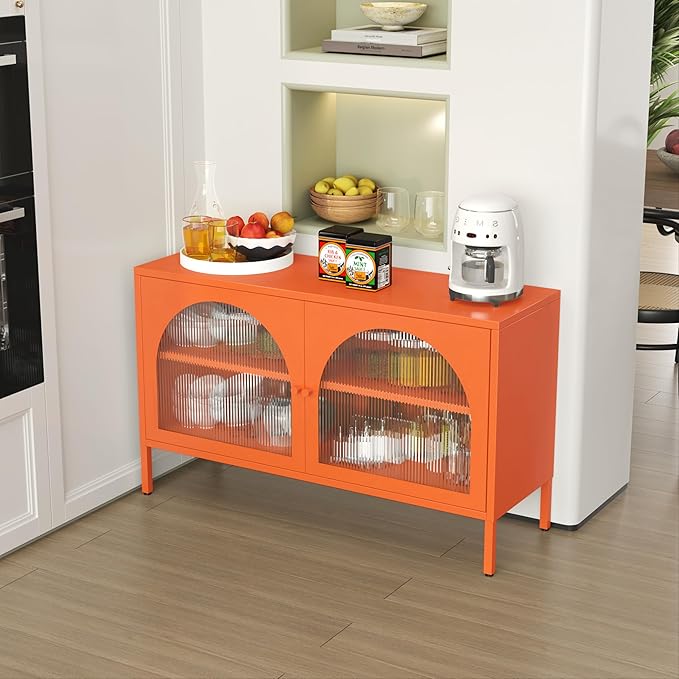 Metal Locker TV Stand, Modern Accent CD Storage Cabinet with 2 Acrylic Doors, Short Display Cabinet with Adjustable Shelf, TV Cabinets for Home,Office,Entryway,Dining/Living Room,Bedroom,Orange