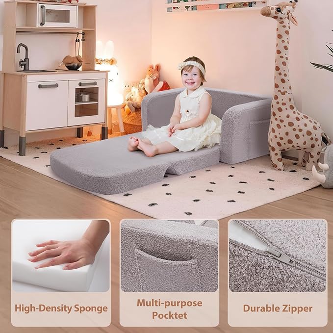 Extra Wide Kids Couch, 2-in-1 Soft Toddler Couch with Blanket, Comfy Toddler Chair, Convertible Sofa with Cute Rainbow Design, Grey