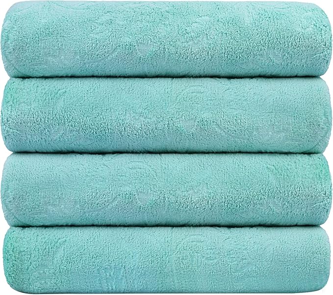 Microfiber Bath Towels, Bath Towel 4 Pack(30" x 60"), Oversized, Soft, Super Absortbent and Fast Drying, Multipurpose Use for Sports, Fitness, Yoga, Green-Floral Embossed