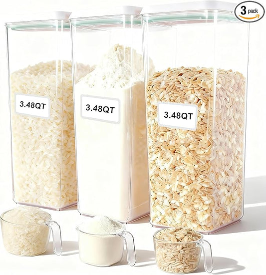 Pop Containers with Lids - Stackable Airtight Food Storage, Kitchen Pantry Storage Containers for Snacks Candy Salt Herbs Spices BPA-Free (3300ML / 3.48QT / 112OZ *3)