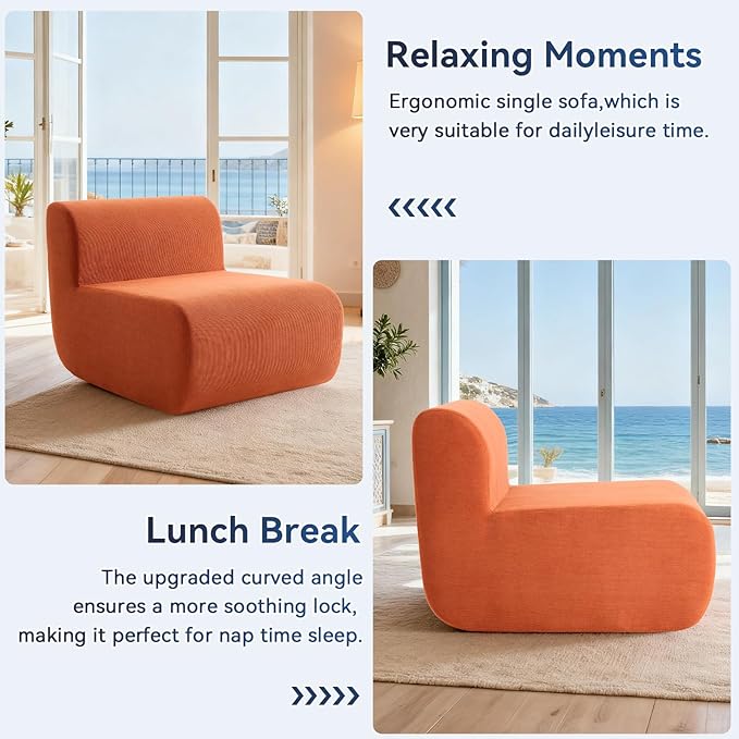 Boneless Sofa 26'' Single Sofa 1 Seater Cloud Floor Couch Corduroy, No Assembly Needed Modern Compression Armless Couch in A Box Erogonomic for Living Room,Bedroom,Office, Orange