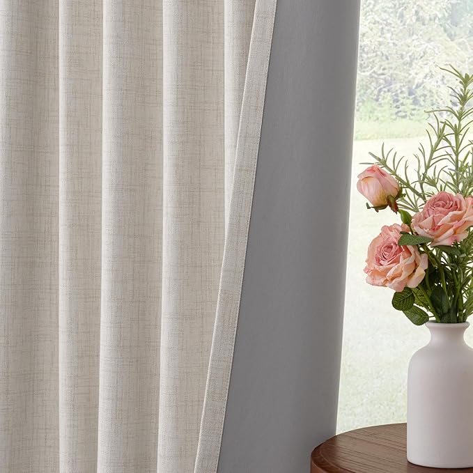INOVADAY 100% Blackout Curtains for Bedroom, Black Out Curtains 120 Inch Long, Clip Rings Linen Blackout Drapes, Thermal Insulated Room Darkening for Living Room, 2 Panels - Beige,W50xL120