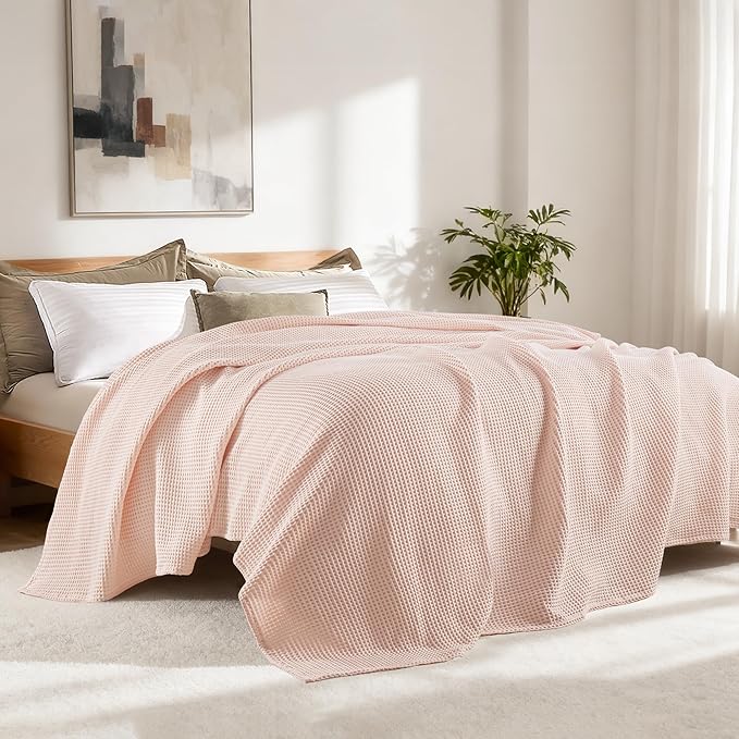 Exclusivo Mezcla 100% Cotton Waffle Weave Blanket King Size, Soft, Lightweight and Breathable Muslin Gauze Blanket for Bed, All Season, 90"x104", Pink