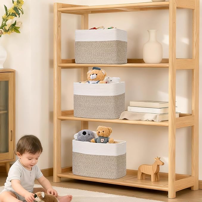 3 Pack Cube Storage Bin, 17”x12”x12” Cotton Rope Woven Baskets for Organizing Toys Clothes Towels, Square Gift Storage Baskets for Shelves, Nursery, Closet, Bathroom, Pantry (White & Jute)