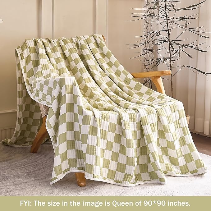 SANACYNA Muslin Throw Blanket 100% Cotton Green Grid Cooling Blanket 6-Layer Gauze Lightweight Soft Breathable Blanket for Sofa Couch Birthday Gifts for Daughter (Green Checkerboard, Throw 50"x60")