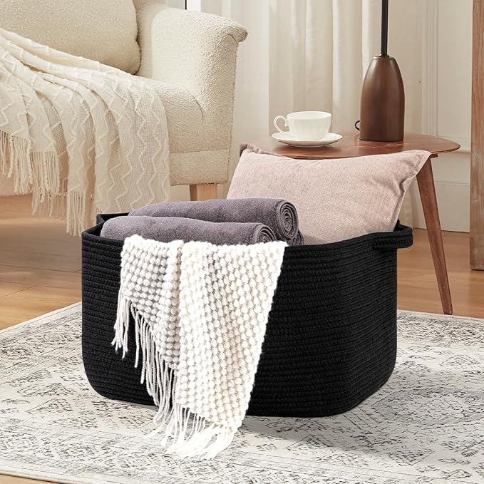Large Blanket Basket, Black Blanket Storage Living Room, Rectangle Woven Baskets for Storage Toys, Towels, Dirty Clothes Organizer Bins (Black)
