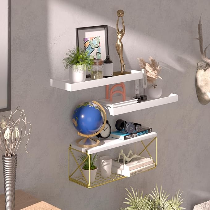 Floating Bathroom Shelves with Wire Storage Basket, Wall Mounted Shelf Over Toilet, 3+1 Tier Wall Decor Small 15.7 Inch Set of 3(White)