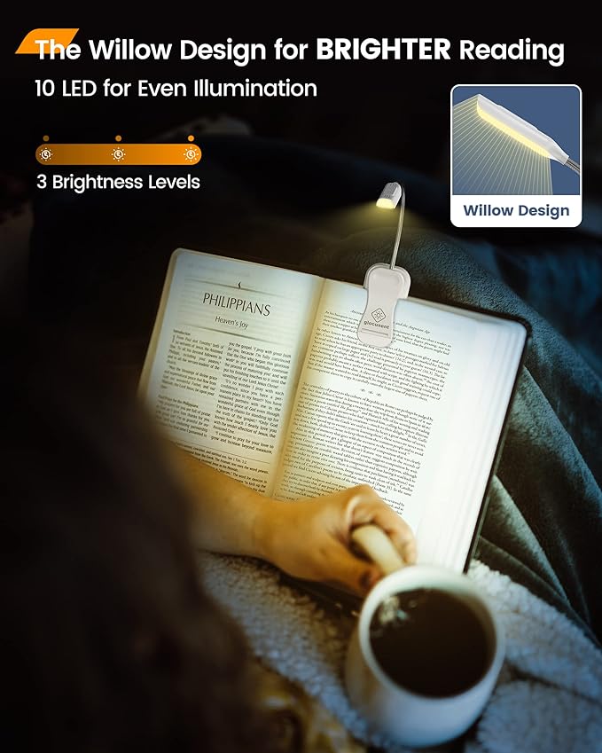Glocusent Willow Book Light, 10LED, 3 Colors & 3 Brightness, Rechargeable, Lightweight, Clip on, Modern Design, Pure White, ABS Material, USB-C, 80hr Runtime, Ideal for Book Lovers