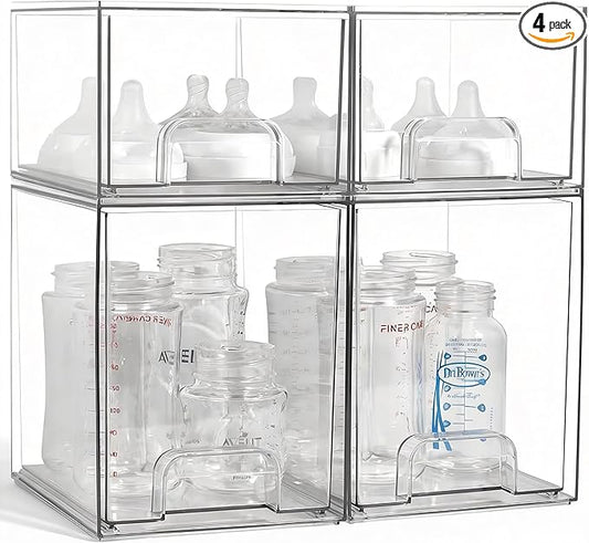 Baby Bottle Organizer, 4 Pack Clear Space-Saving Stackable Drawer with Handle, Baby Bottle Storage Organizer for Countertop and Cabinet