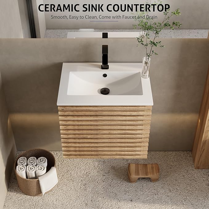 eclife 24" Floating Bathroom Vanity with Sink Combo Mid-Century Wall Mounted Cabinet with Wood Stripes Decor, Drawers, Undermount Sink, Faucet, Drain, Light Walnut