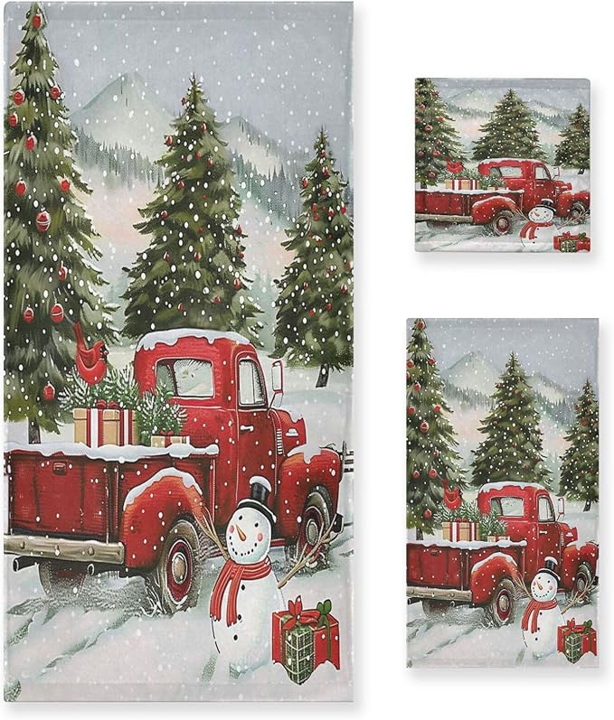 Snowman Red Truck Xmas Tree Towels Set of 3 Christmas Winter Bathroom Towel Soft Absorbent Bath Hand Towels Washcloth Guest Towel Sets Merry Christmas Xmas Bathroom Decor Gifts