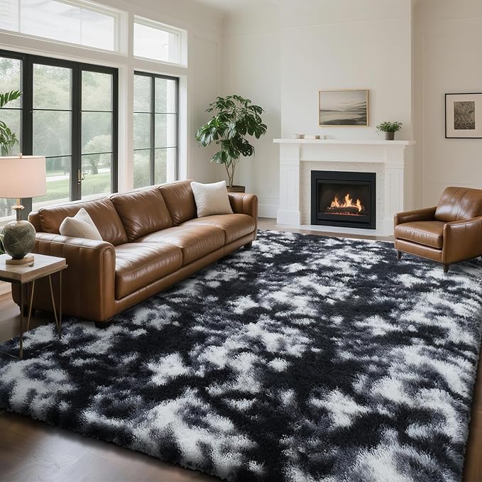 Fluffy Rug Shaggy Area Rug, Mottling Black 6x9 Area Rugs for Living Room, Large Shag Area Rugs for Bedroom Kids Room Home Decor, Upgrade Anti-Skid Rectangular Fuzzy Rugs