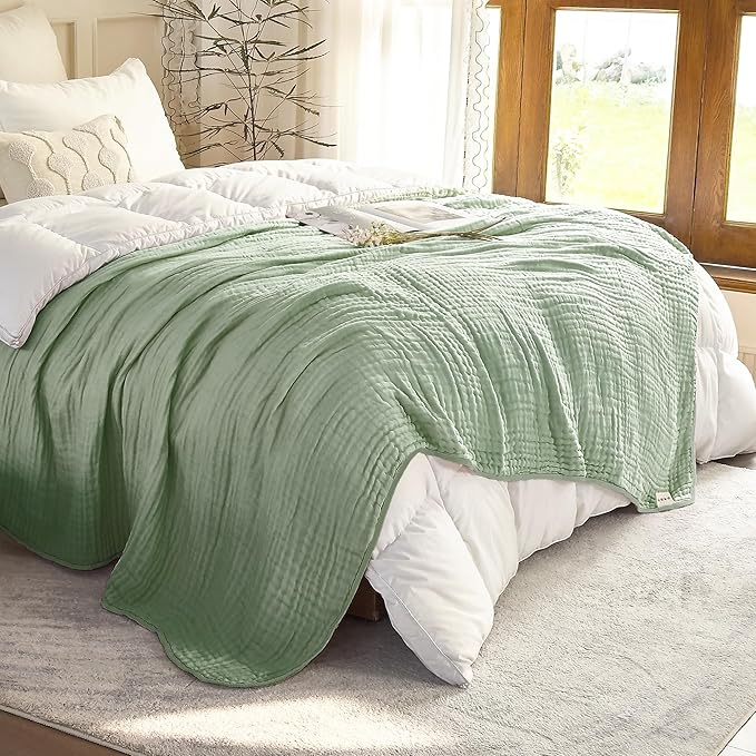 SANACYNA Muslin Blankets 100% Cotton 6-Layer Gauze Green Grid Cooling Blanket Lightweight Soft and Breathable Blanket for Sofa Bed Coverlet Both Sides (Mint Green, Throw 50"x60")