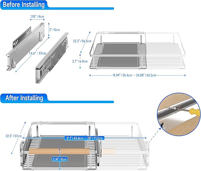 2Pack Expandable Pull Out Cabinet Organizer, 17.1~28" W x 22.5" D Heavy Duty Slide Out Shelves Adjustable Height Cabinet Pull Out Shelves,Expandable Width Spice Rack Organizer for Kitchen