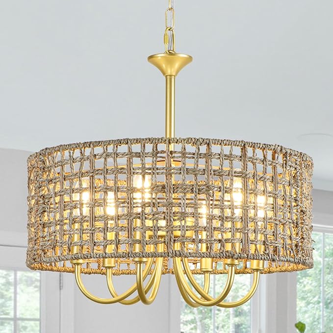 Boho Hand Woven Rattan Chandelier 6 Lights Farmhouse Golden Chandelier, 17.7'' Coastal Drum Wicker Chandeliers for Dining Room Kitchen Living Room Entryway Bedroom