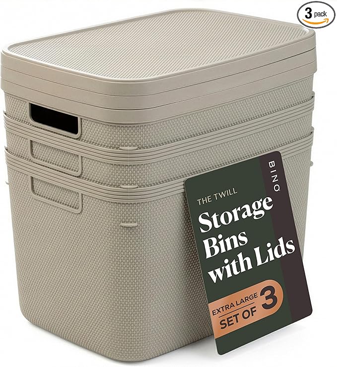 BINO | Plastic Storage Bins with Lids, 20 Liter - 3 Pack, Taupe | THE TWILL COLLECTION | Plastic Bins for Organization | Woven Storage Baskets for Organizing | Pantry Shelf Organizer Basket Bin