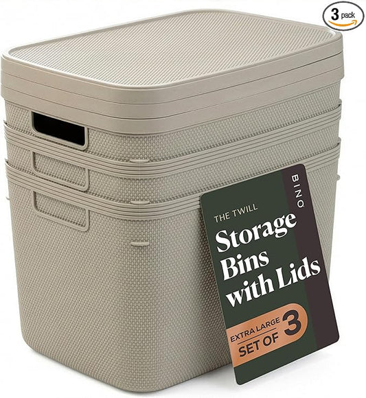 BINO | Plastic Storage Bins with Lids, 20 Liter - 3 Pack, Taupe | THE TWILL COLLECTION | Plastic Bins for Organization | Woven Storage Baskets for Organizing | Pantry Shelf Organizer Basket Bin