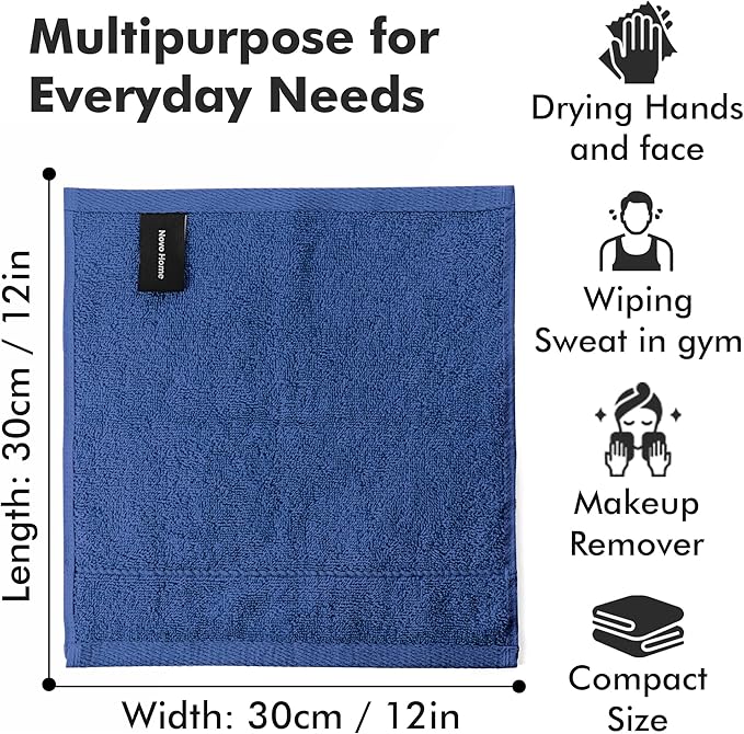 Face Towels Pack of 12 – 100% Cotton Wash Cloths (12x12 inch) – Soft, Quick Dry & Highly Absorbent Hand Towels for Bathroom, Spa, Gym, Kitchen and for Daily Use - (Royal Blue)