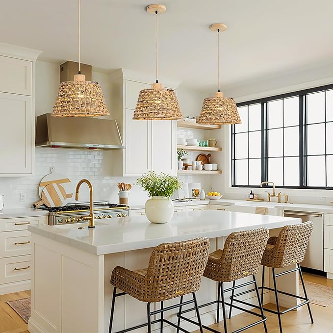 Rattan Boho Pendant Light, 12" 1-Light Hand-Woven Wicker Pendant Light with Water Hyacinth Shade, Natural Coastal Cone Hanging Light for Kitchen Island Sink Dining Room
