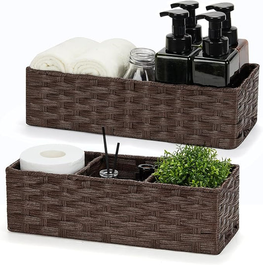 Bidtakay Narrow Hand-woven Wicker Storage Bins Small baskets for Organizing 2-Pack Waterproof Imitation Wicker Baskets for Storage Long Storage Basket for Shelf Washroom Basket Reddish Brown