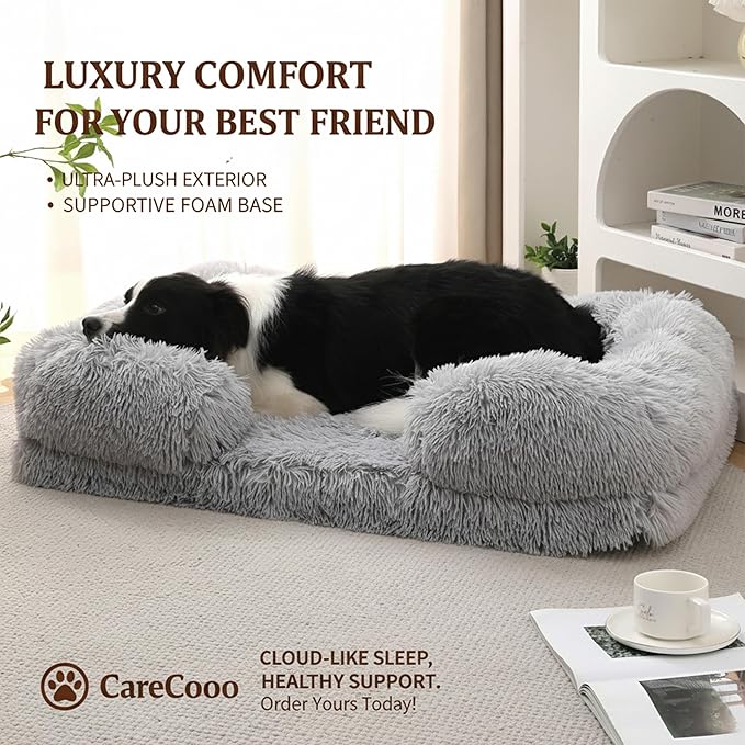 Orthopedic Dog Bed for XXL Dogs - Washable Memory Foam Pet Sofa, Fluffy Plush Rectangular Bed, Waterproof Anti-Anxiety Couch, Light Gray, XXL